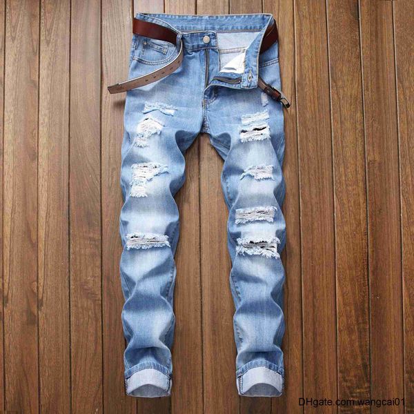 Jeans da uomo Autunno Nuovi Jeans da uomo strappati vestibilità dritta Jeans elasticizzati Fashionab Blu Casual Social Hip Hop Party Pantaloni in denim di alta qualità 0408H23