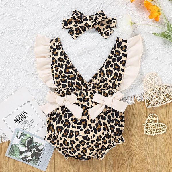 Kleidungssets, niedliche Baby-Mädchen, gerippte Strampler, schöne Spitze, Leoparden-Rüschen, ärmelloser Overall, Sommer-Bodysuit mit Schleife, Stirnband, Kleidung