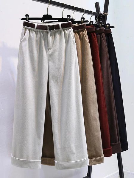 Pantaloni da donna in velluto a coste a vita alta dritti da donna autunno inverno pendolarismo pantaloni larghi con gamba larga arricciata