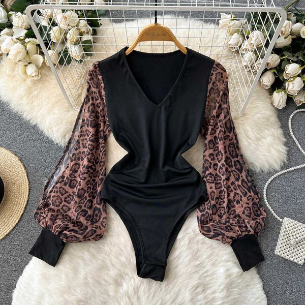 NXY Leopard Fashion Autumn Suchesuits Mulheres Manga longa V Neck Slim Vinage Rompers retos sexy 230328