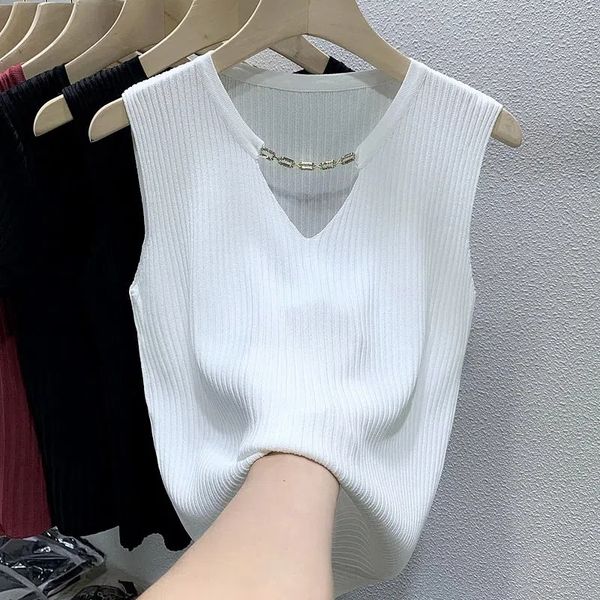 Camisoles Tanks Fashion Chain Tank Top V-Ausschnitt Design Ärmelloses Tank Top Gestrickte Mode Lose Sommer Damen Ästhetische Kleidung Kostenlose Lieferung 230408