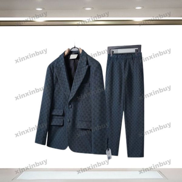 Xinxinbuy Мужской дизайнерский пиджак, жаккардовый костюм с двойной буквой, комплекты с длинными рукавами, женский синий, черный, хаки, S-2XL