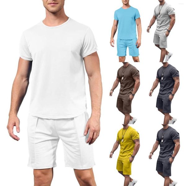 Fatos de treino masculino verão roupas casuais roupas cor sólida manga curta camiseta e cintura elástica shorts com cordão 2 peças conjunto de treino