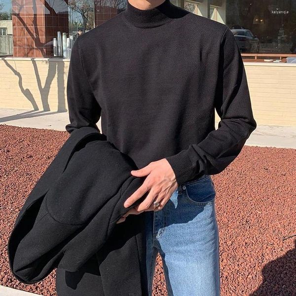 Suéter masculino meia gola alta, roupa íntima sólida outono inverno casual manga comprida camisas de malha moda coreana tops homem streetwear