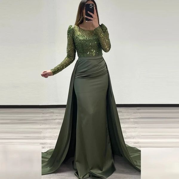 Оливково-зеленое сексуальное сверкающее вечернее платье с длинными рукавами, элегантное атласное плиссированное платье принцессы с бисером и длинными рукавами, длинные платья
