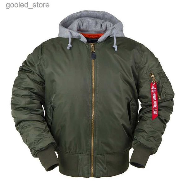 Jaquetas masculinas 2023 AW Winter Bomber Flight Jacket MA-1 com capuz streetwear roupas mens roupas hip hop beisebol lettermanoversized varsity q231109