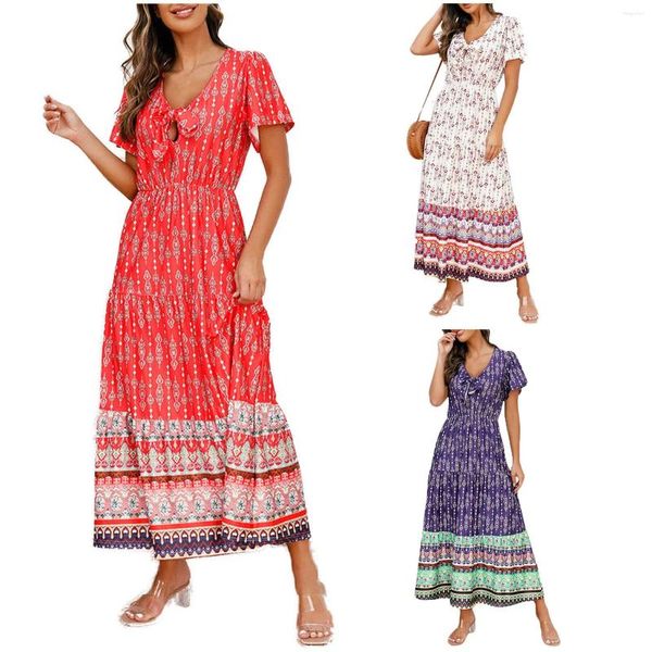 Vestidos casuais vestido feminino 2023 verão fino cordão laços floral impressão solta planície a linha de alta qualidade luxo longo