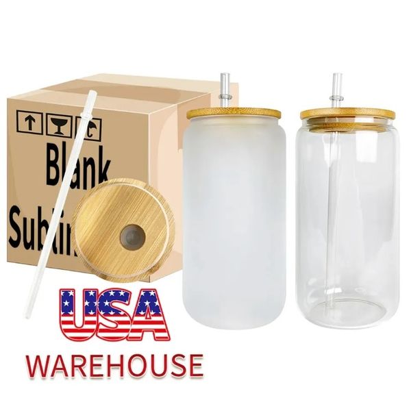 CA USA Warehouse16oz Cam Kupalar Süblimasyon Boşlukları Gemiye Hazır Tumbeler Yeniden Kullanılabilir Su Şişesi Suyu Soda Bardakları 4.23
