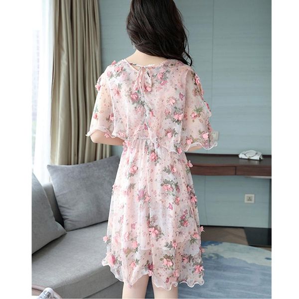 Abiti casual Elegante stampa floreale estiva Chiffon di seta dolce Fiori tridimensionali Manica svasata Colletto tondo VestidosCasual