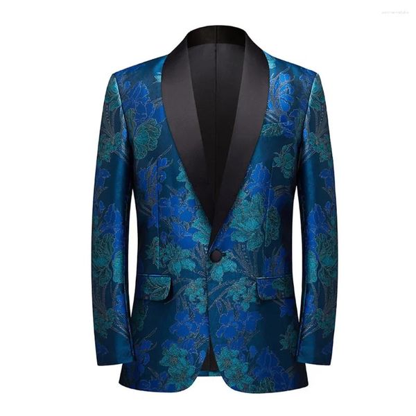 Erkek takım elbise erkekler vintage mavi çiçek smokin takım elbise ceket bir düğme şık jakard balo palyaço erkekler blazers parti düğün kostüm 3xl