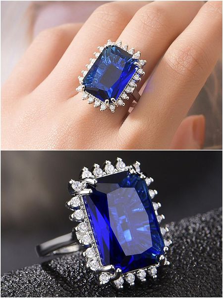 Anelli a grappolo Quadrato di lusso Cristallo blu Bague Fine Jewelry Zaffiro Pietre preziose Zirconi Diamanti Per le donne Oro bianco Colore argento Bijoux