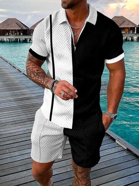 Herren Trainingsanzüge Vintage Patchwork Herren Outfits Herren Lässige Mode Zweiteiler Sommer Kurzarm Revers Reißverschluss Tops Und Shorts AnzugMänner