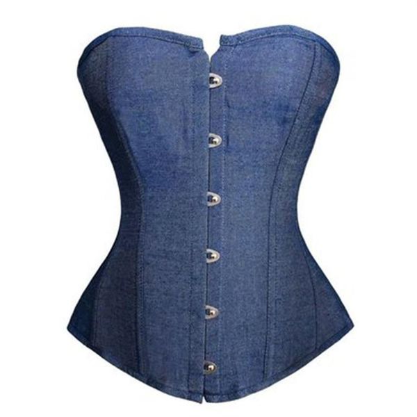 Corsetto overbust da donna in jeans blu denim Plus Size S-6XL Bustier classico con lacci in plastica disossato Lingerie Night Out Clubwear Cosplay O2944