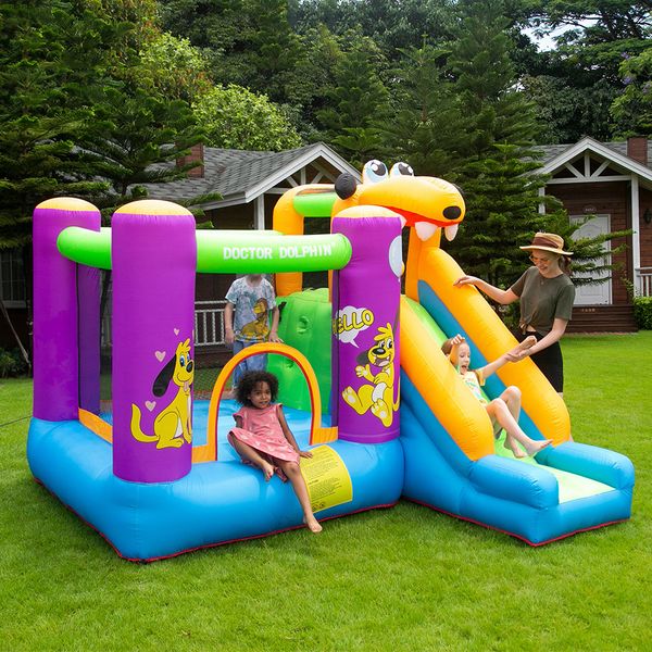 Castello Gonfiabile Con Scivolo Cuccioli Buttafuori Jumper Casa di Rimbalzo Scivolo con Ventilatore per Bambini Giochi all'aperto per Interni Giochi da Salto Tema per Cani Uso Domestico Festa in Cortile