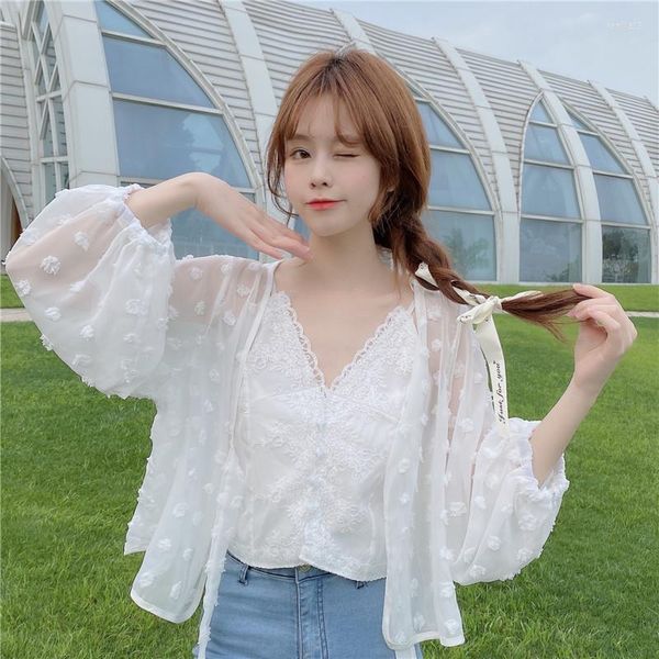 Kadınlar bluzlar Tingyili Tie-ön klips boya bolero hırka kadınlar bahar yaz uzun kolu bej beyaz şifon gömlekleri Kore tarzı ince