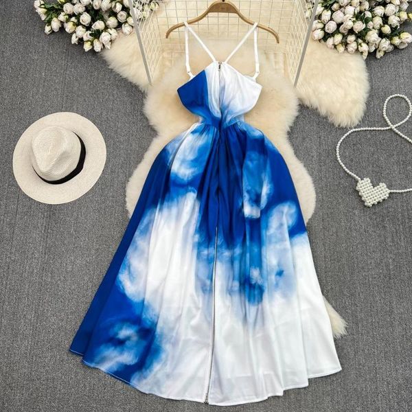 Lässige Kleider im koreanischen Stil, sexy, würziges Mädchenkleid, blaues Tie-Dye, V-Ausschnitt, zurück, tailliert, schmal, A-Linie, Vestidos, Strandurlaub, Slip