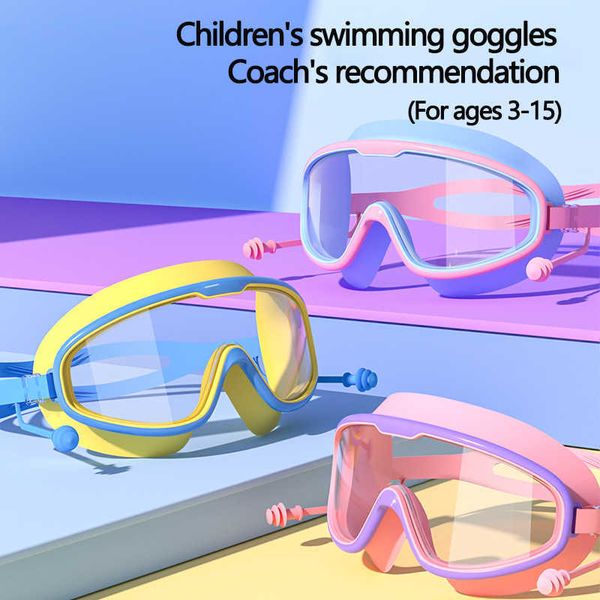 Schwimmbrille für Kinder, verstellbar, großer Rahmen, breite Sicht, beschlagfrei, wasserdicht, Schwimmsportbrille mit Ohrstöpseln für Kindergeschenk P230408