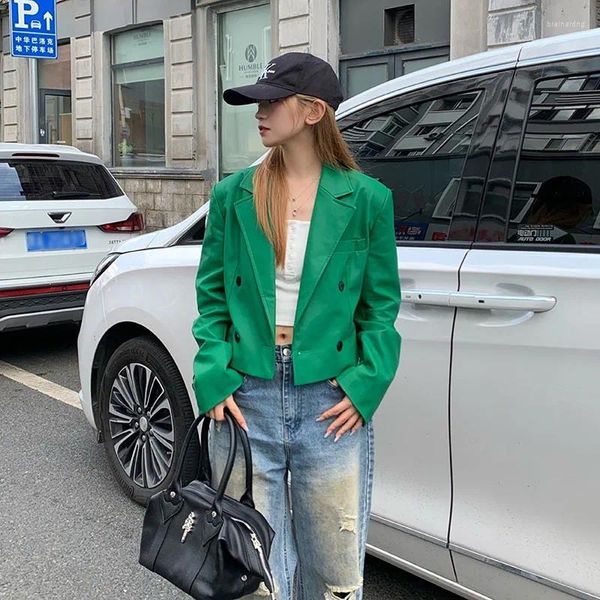 Couro feminino verde fino curto falso jaqueta primavera outono feminino lapela trespassado manga longa pu biker streetwear