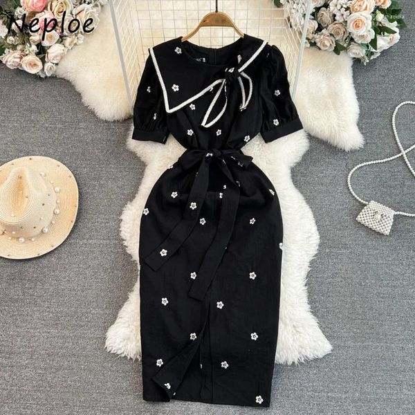 Casual Kleider Neploe Elegante Vintage Oansatz Bogen Kleid Für Frauen Sommer Sexy Schlanke Taille Drucken Koreanische Süße Mid-länge A-linie vestidos