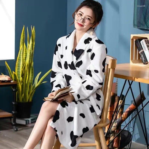 Mulheres Sleepwear Flanela Robe Mulheres Outono Inverno Long Bathrobe Dairy Colorido Impresso Cartoon Nightgown Coral Fleece Intimate Lingerie