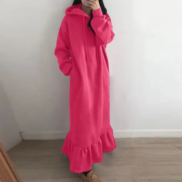 Sıradan Elbiseler Bayanlar Moda Kapşonlu Sweatshirtler Kadınlar Katı Uzun Kollu Maxi Vestidos Sıcak Ekleme Alt Flounces Robe Femme