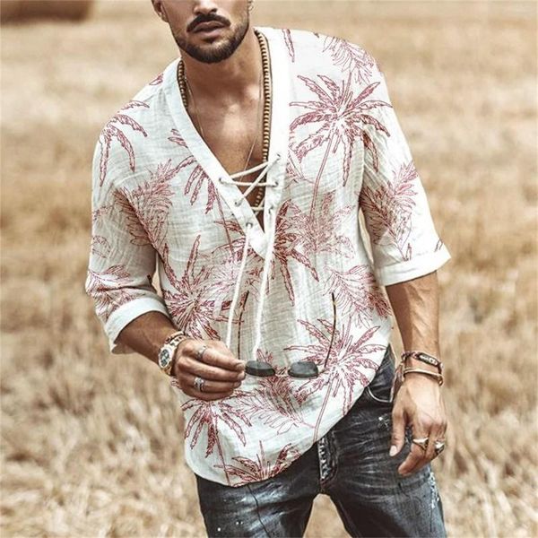 Camicie casual da uomo hawaiano uomo pizzo manica media stampa foglia estate vestibilità ampia traspirante streetwear gotico spiaggia camisa maschile