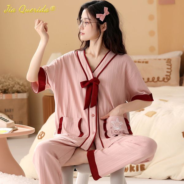 Damen Nachtwäsche Mode Sommer Pyjama Damen Dünner Pyjama Kurzarm Lange Hose Baumwolle Kawai Bär Bedruckter Pyjama Cardigan Abendkleid 230408