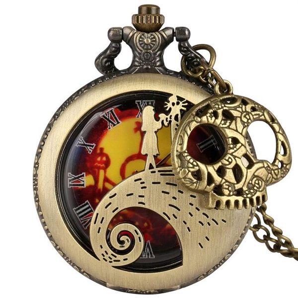 Orologio antico vintage con cassa cava, tema da incubo, orologio da tasca analogico al quarzo unisex, accessorio con teschio, collana, catena, regalo di Natale242S