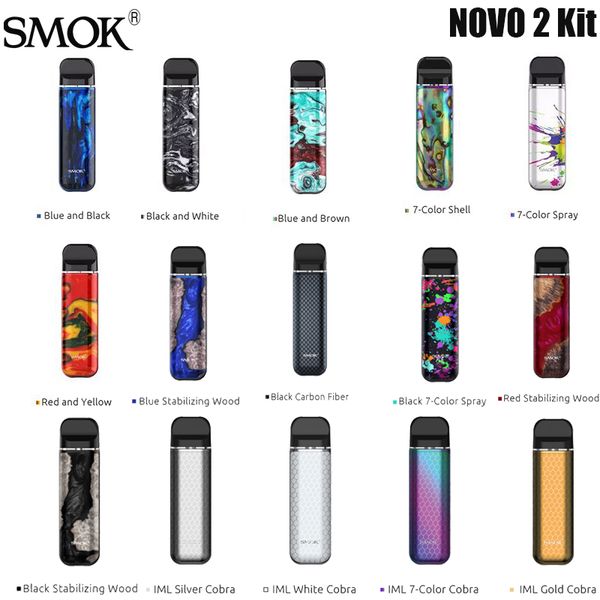 SMOK NOVO 2 KIT Indicatore LED batteria da 800 mAh con cartuccia Novo 2 Pod da 2 ml Vaporizzatore a 15 colori autentico