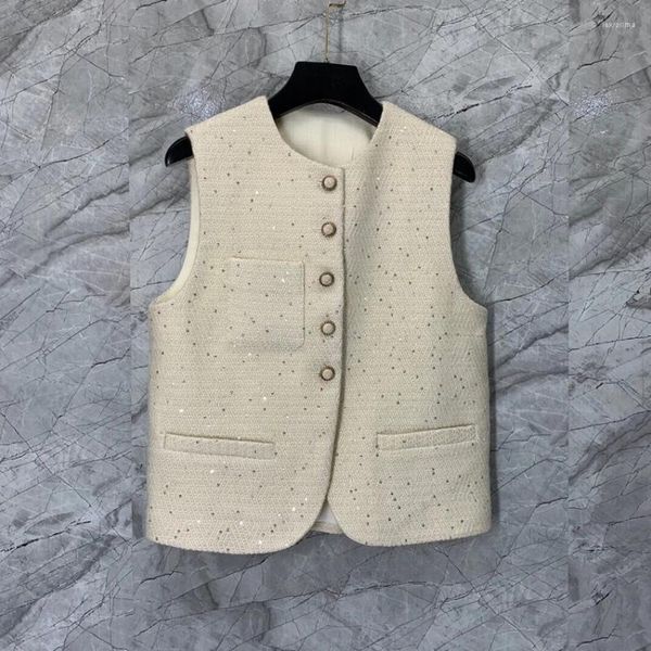 Gilet da donna 2023 Moda donna di alta qualità senza maniche girocollo con paillettes a spina di pesce Gilet Top 1029