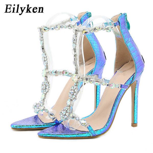 Sandálias de saltos altos do topo Mulheres Party Party Rhinestone PVC Transparente T-Strap Stiletto Bombas Crystal Prom Sapatos 230306