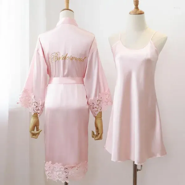 Damen-Nachtwäsche, rosa Braut-Hochzeits-Roben-Set, Nachtwäsche, sexy Spitze, Intim-Dessous, lässiger Kimono-Bademantel, Homewear