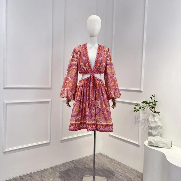 Vestidos casuais de alta qualidade 2023 férias de verão paisley mergulhando decote em v cintura corte blouson mangas a-line mini vestido para mulheres