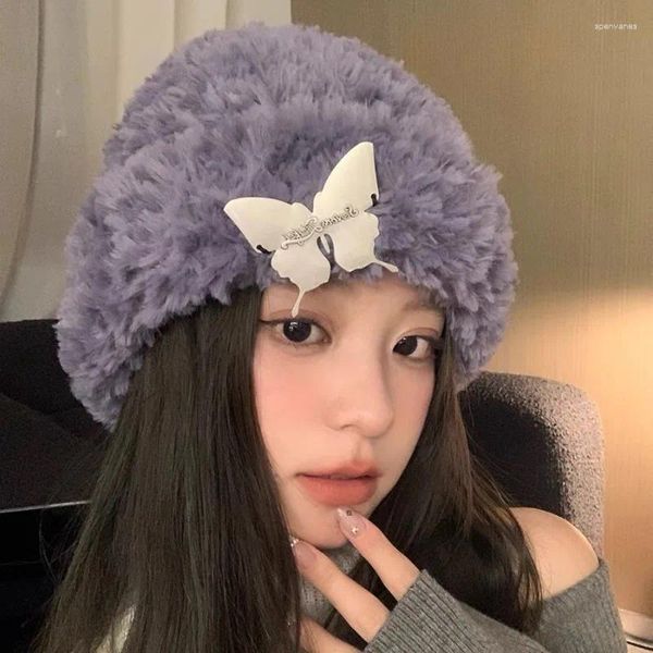 Berets Koreanische Ins Schmetterling Design Plüsch Frauen Hüte Herbst und Winter Mode Vielseitige Nette Warme Show Gesicht Kleine Beanies Caps