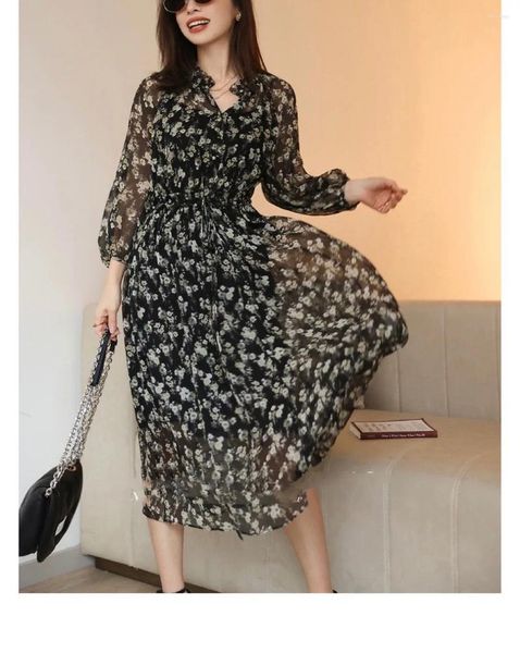 Casual Kleider Hohe Qualität Frauen Echte Seide Druck Langes Kleid Elegante Dame Taille Halb Offenen Kragen Maxi Party Abendkleid