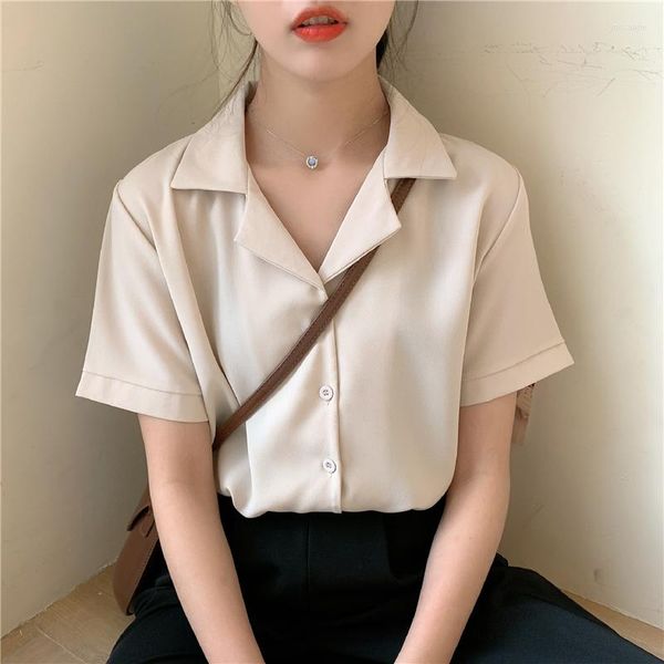 Camisas de blusas femininas para mulheres tops e blusa de verão estilo coreano solto de mangas curtas de chiffon v Green Branco preto Apricot Solid 2631