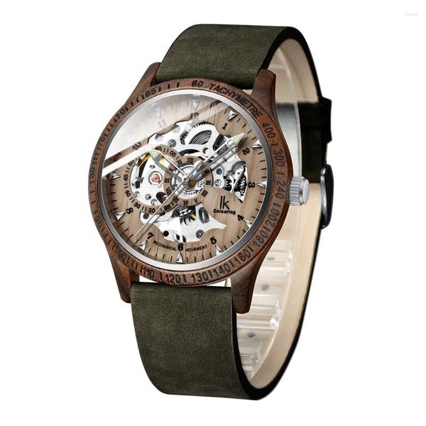 Relógios de pulso IK Coloring Watch Moda Casual Relógios de Madeira Pulseira de Couro Automático Esqueleto Mecânico Montre Homme