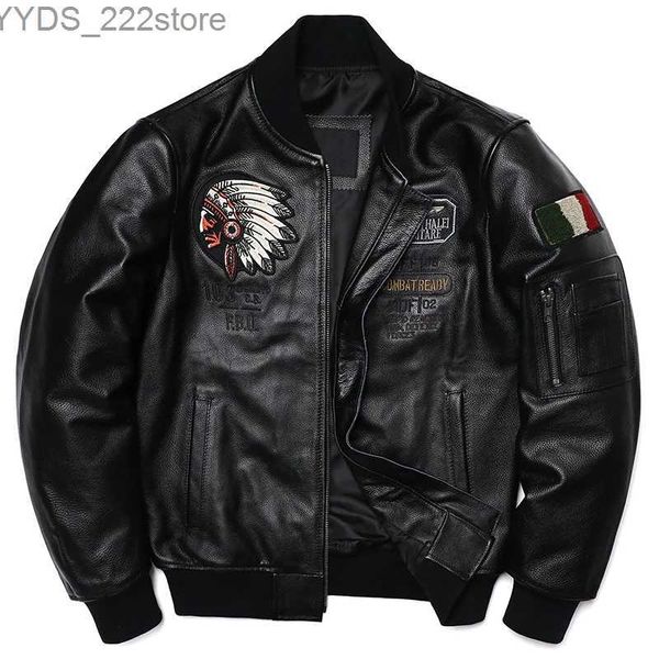 Giacca da uomo in pelle sintetica in pelle sintetica 2023 New Indian Ricamo in vera pelle Uniforme da baseball Giacca da moto in pelle bovina Abbigliamento Taglia S-5XL YQ231108