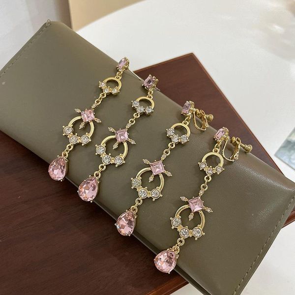 Backs Orecchini French Luxury Baroque Pink Rhinestone Long Ear Clips Versatile Shinny Crystak Nappa Clip On Women 'Non forato Orecchie