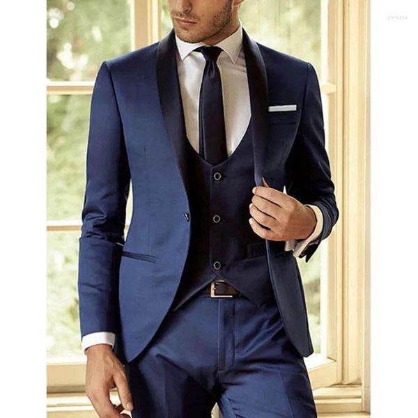 Ternos masculinos azul marinho terno casamento para homens único breasted xale lapela fino ajuste blazer três peças jaqueta calças hombres feito sob encomenda