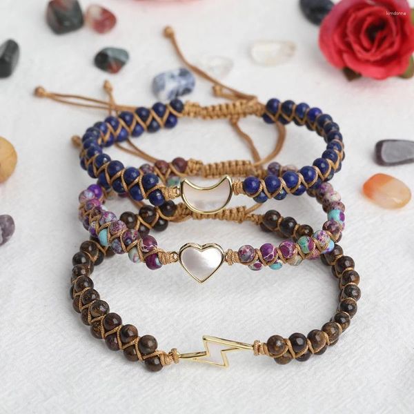 Braccialetti con ciondoli 5 pezzi / lotto Ciondoli con conchiglia bianca naturale 4mm Lapislazzuli Sedimenti marini Diaspri Perline rotonde Cordone annodato Bracciale regolabile Gioielli Yoga