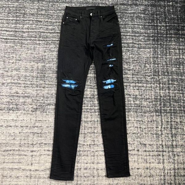 Jeans masculinos de alta qualidade letra preta letra azul bordada patch slim homens rua