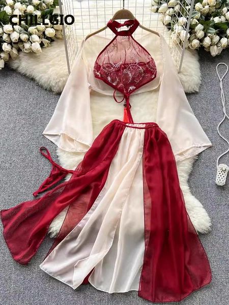 Vestidos de trabalho Chillgio Mulheres Sexy Impressão Chiffon Saia Ternos Moda Erótica Estilo Chinês Hanfu Vintage 4 Peças Exóticas Pijamas Transparentes