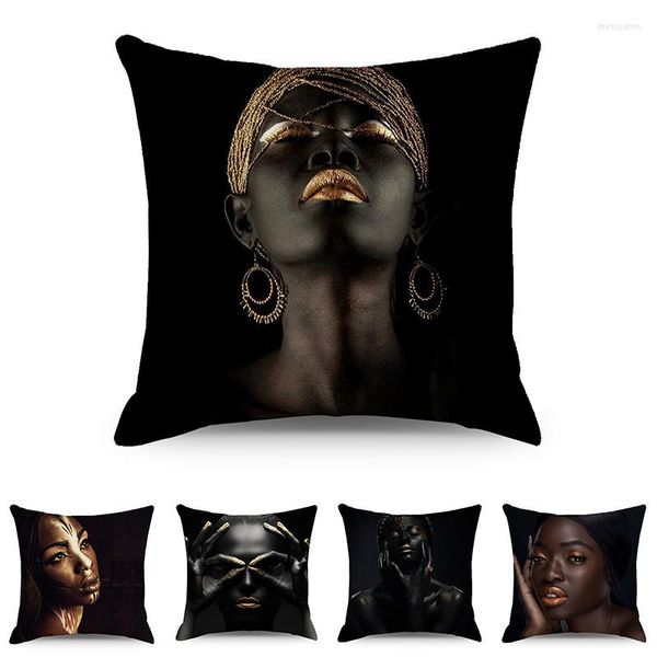 Travesseiro 45 45 cm sala de estar preto em ouro africana estampa estampa africa mulher estilo look arte decor sofá fronhas