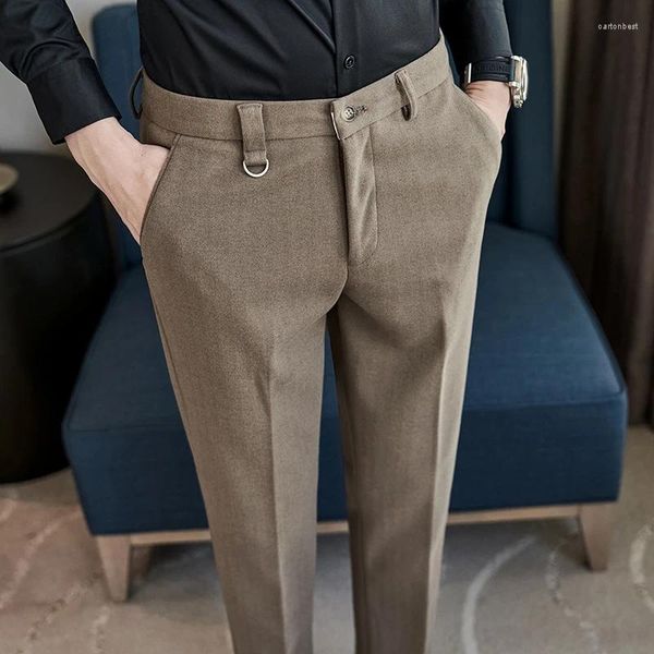 Abiti da uomo Pantaloni da completo in lana spessa autunno e inverno 2023 Tessuto da lavoro con finiture slim a righe scure