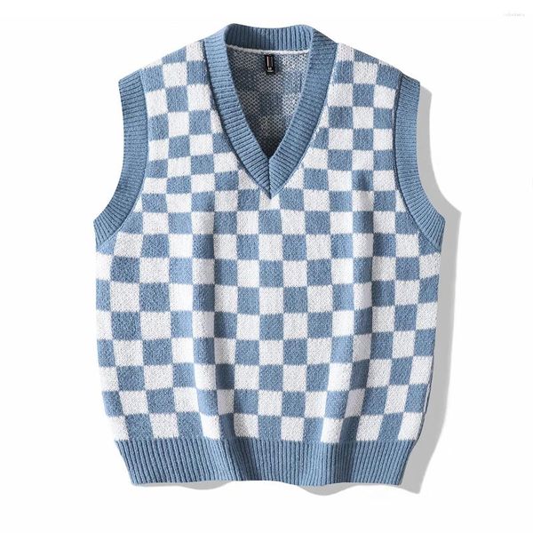 Herrenwesten, karierte Pulloverweste, V-Ausschnitt, ärmellos, Preppy-Stil, modische Campus-Pullover, klassische Passform, Tanktops