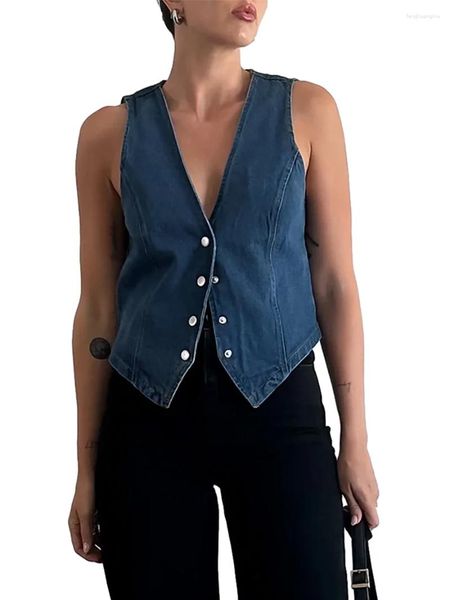 Coletes femininos denim colete sem mangas com decote em v regatas único breasted jean vintage jaquetas finas