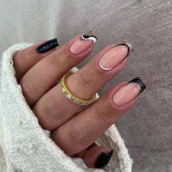 Falso unhas 24pcs destacáveis ​​brilho diy nials nials preto borda branca francesa quadrada curta