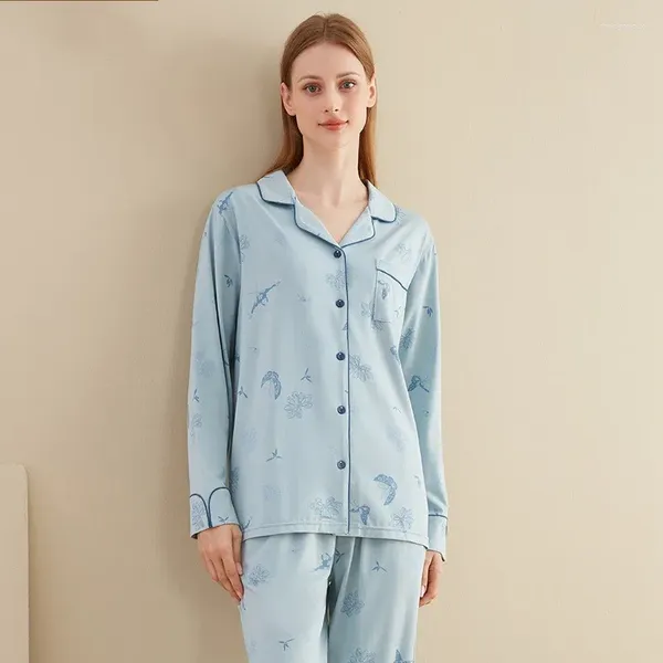 Mulheres sleepwear 2023 primavera outono mulheres casuais pijama conjuntos feminino mo algodão terno turn-down colarinho camisa calças roupas de casa