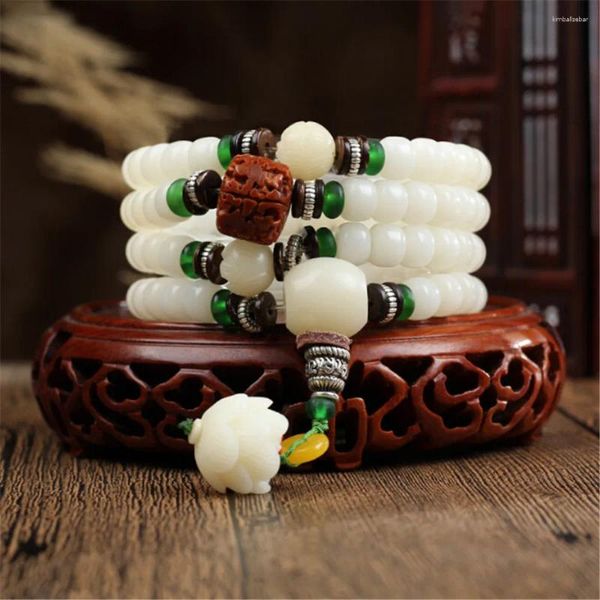 Strand design natural branco bodhi raiz 108 pulseira ou yoga oração colar esculpido lótus rudraksha contas mala dropship